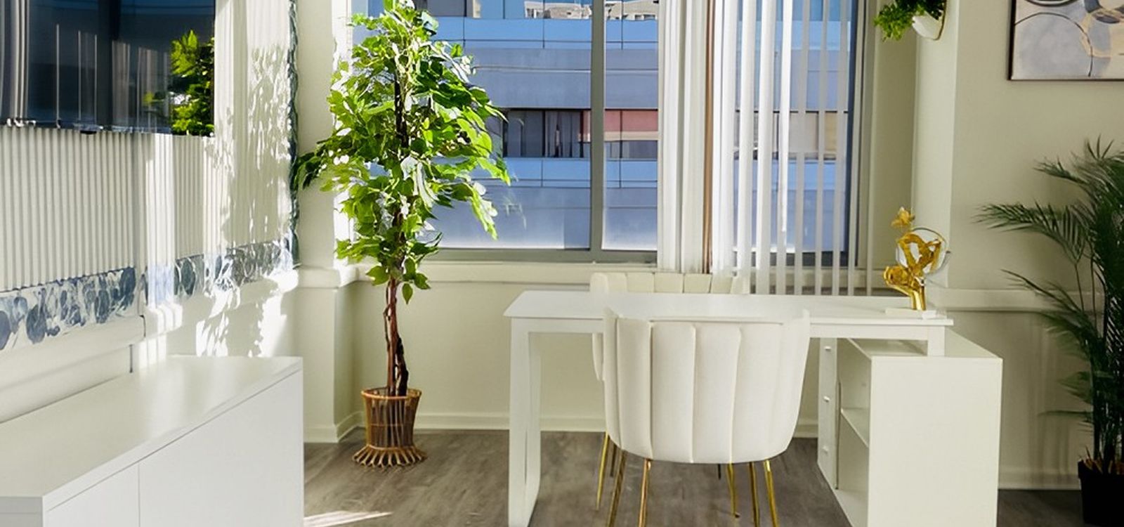 Modern office space with greenery and natural light.